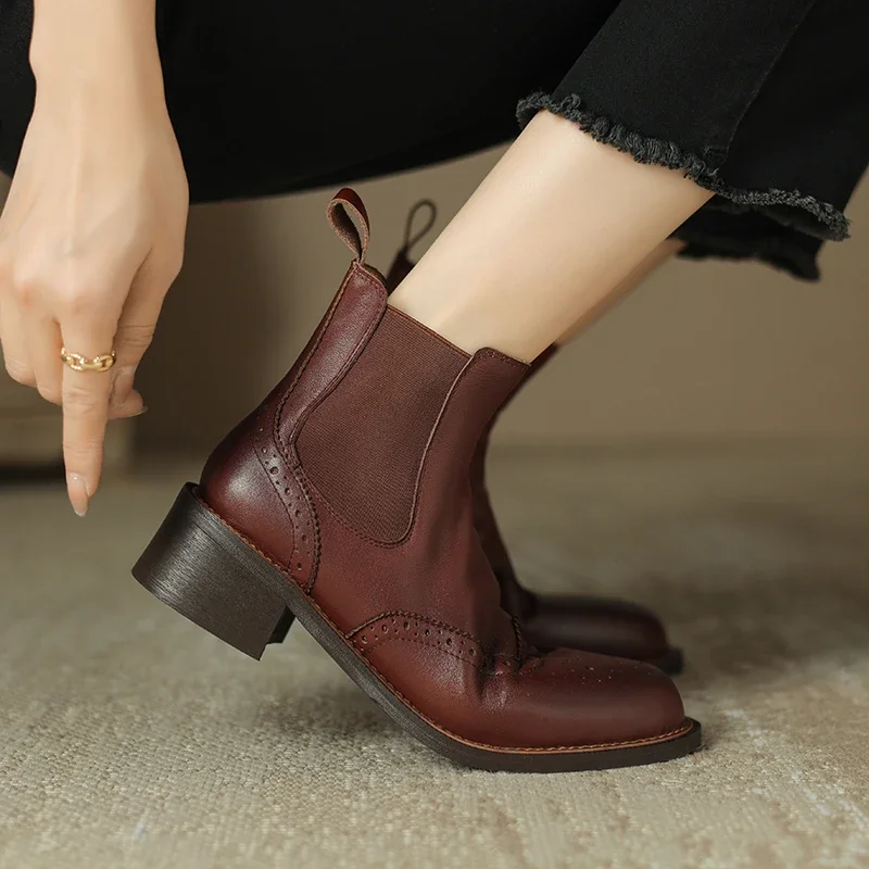 Women Genuine Patina Leather Chunky Heels Flat with Chelsea Boots Yummy Mummy Mixed Colors Western Retro Style Short Ankle Boots