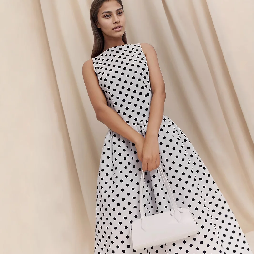 

Vintage Polka Dot Print Sleeveless Long Dresses Women Fashion Temperament Elegant Party Princess Dress Female Commuting Vestidos