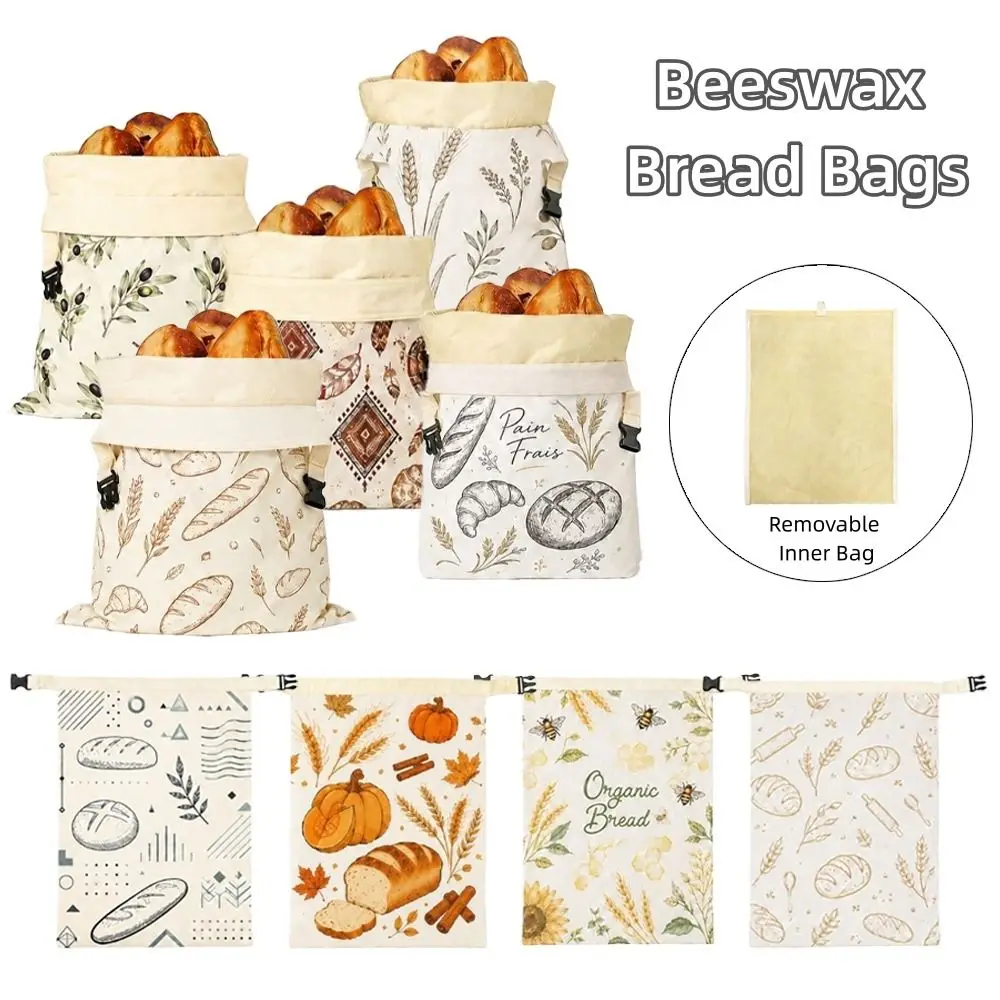 Sacos de Pão de Algodão com Cera de Abelha e Fecho Hermético 43x33, Saco de Armazenamento de Pão com Bolsa Interna Removível, Sacos Revestidos com Cera de Abelha com Estampa de Pão para Uso na Cozinha
