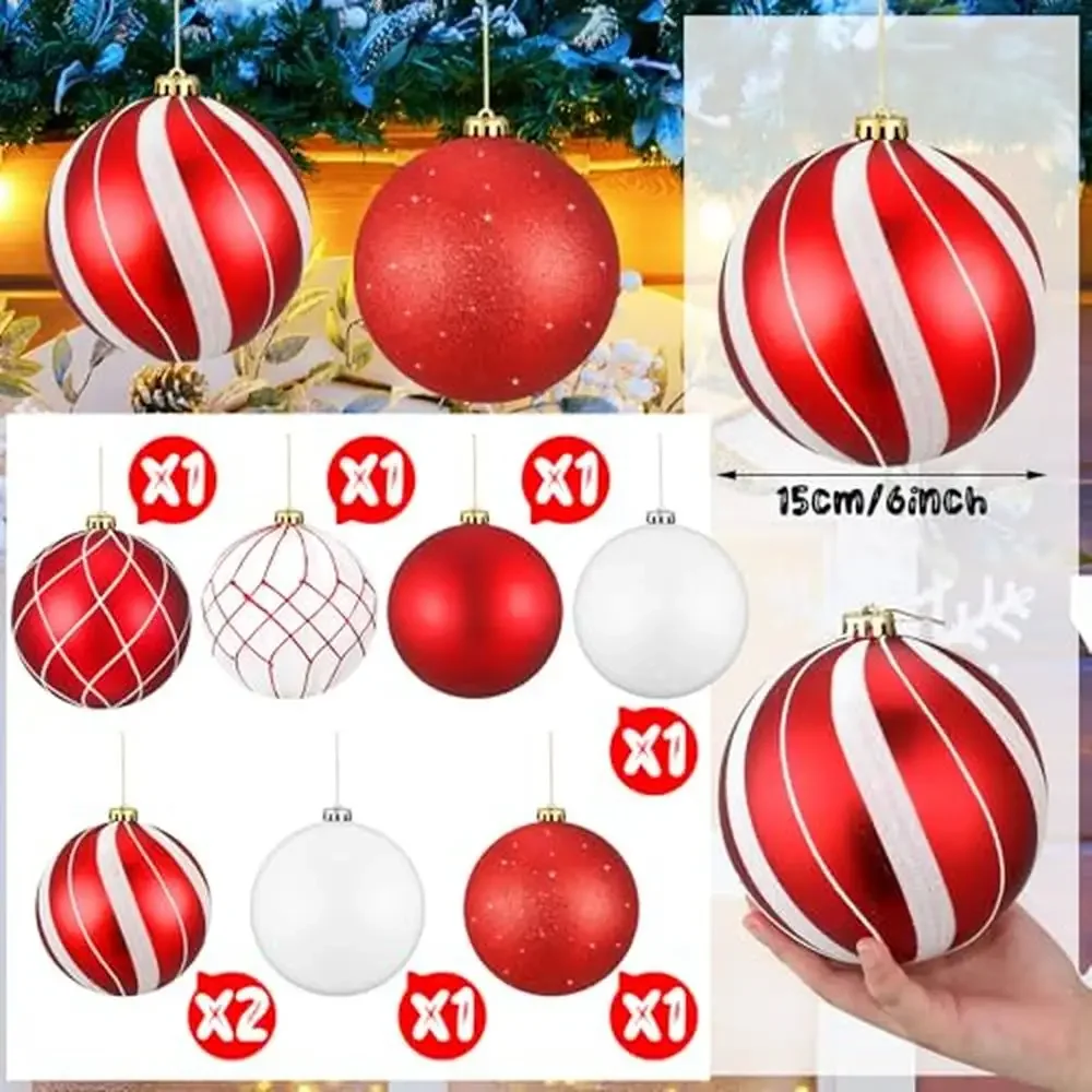 Set of 8 Large Christmas Ball Ornaments Glitter Plastic Hanging Balls Festive Styles Hanging Rope Waterproof & Colorfast