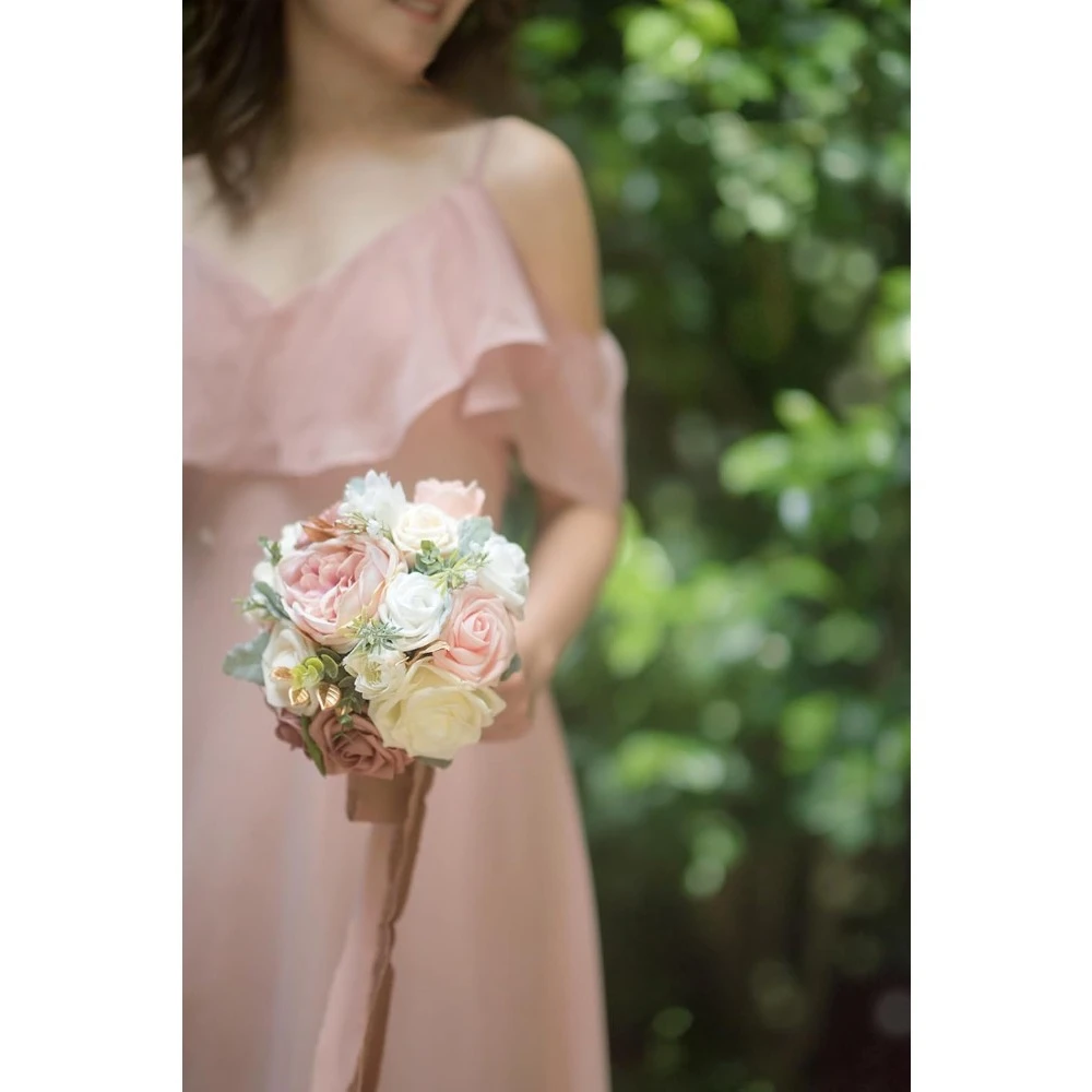 A Set of Four Artificial Pollen Colored Bridesmaid Bouquets, A 7-inch Rose Colored Wedding Bouquet Prepared for Bridesmaids