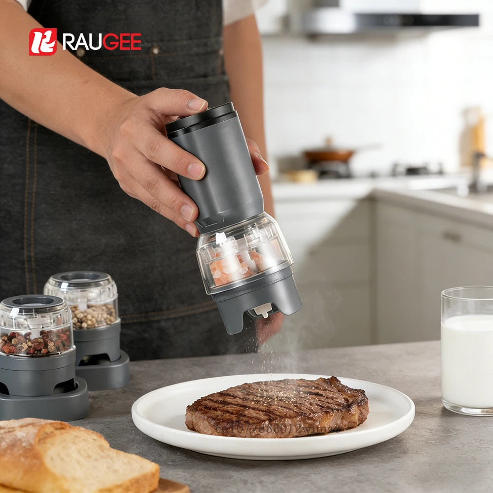 

Electric Salt And Pepper Grinder Automatic Spice Mill Adjustable Spices Grinder USB Rechargeable Pepper Grinder With Two Cup
