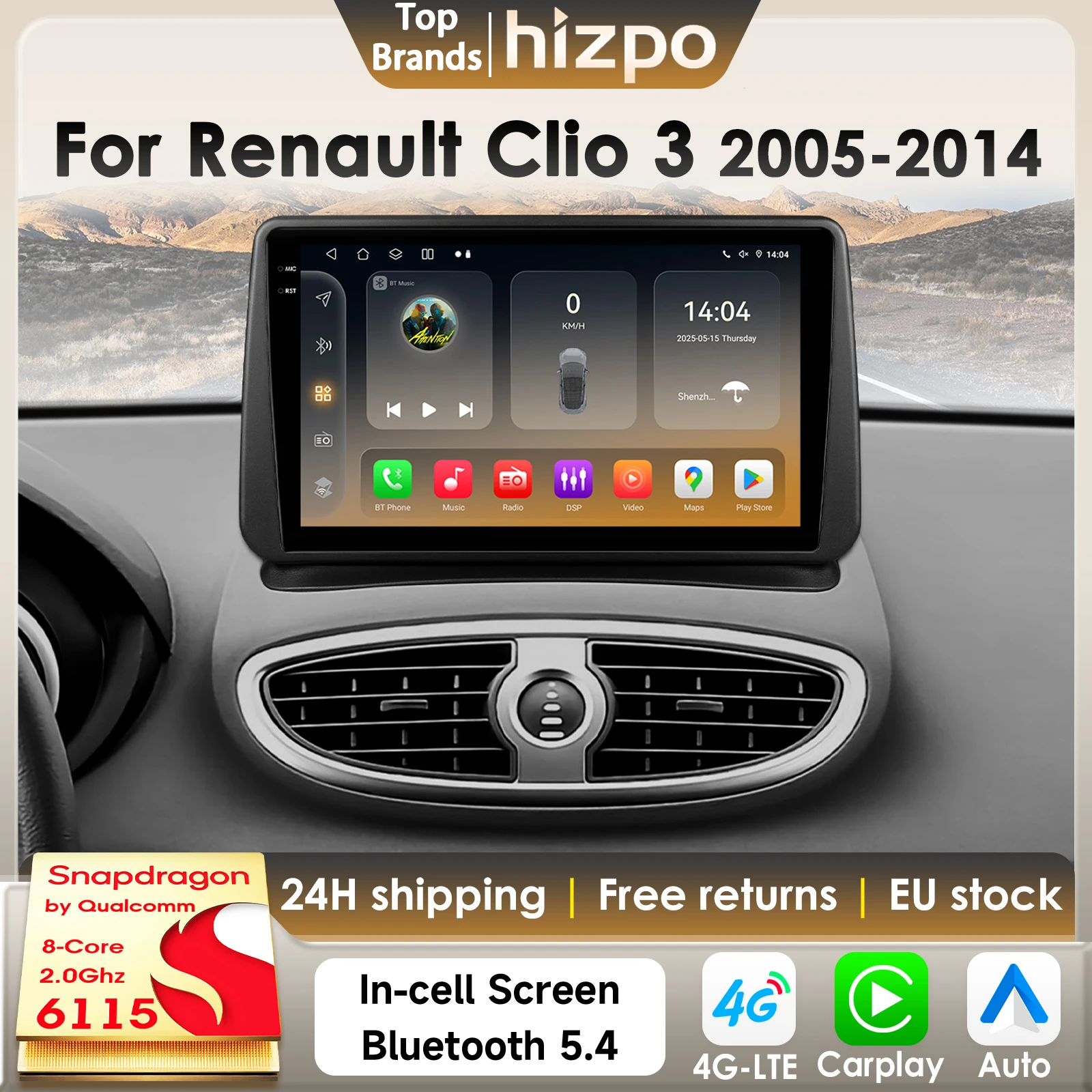 Hizpo 8G 128G Autoradio Autoradio Per Renault Clio 3 2005 2006-2014 AI Auto Multimedia GPS 4G Carplay di Qualcomm Snapdragon6115