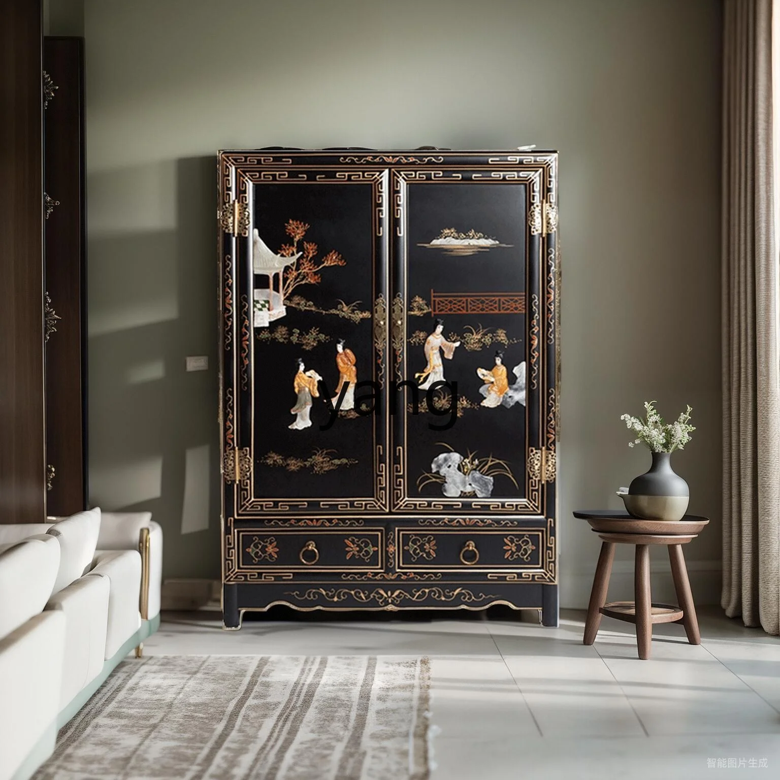 LH New Chinese Double Door Double Extraction Stone Inlaid Entrance Dining Side Cabinet Modern Simple Storage Furniture