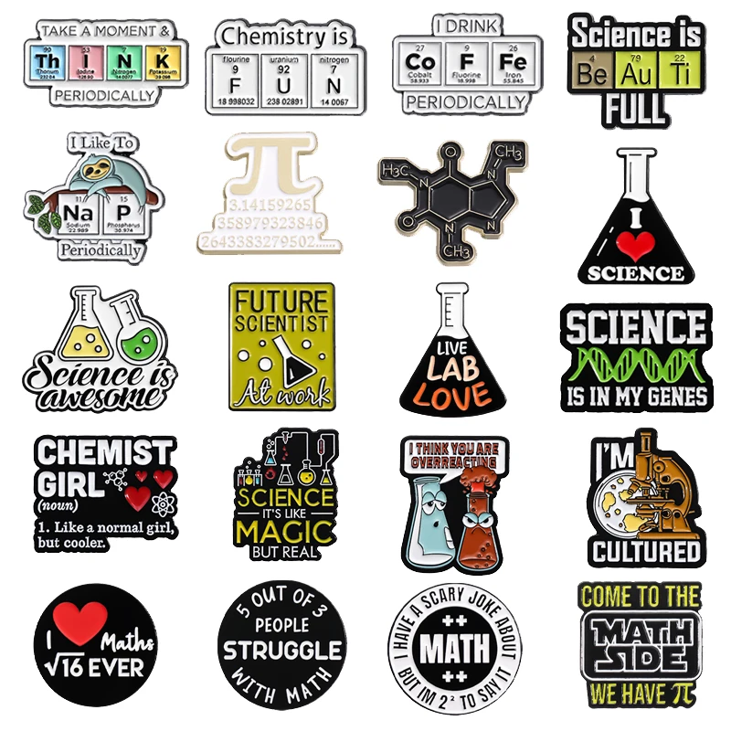 Creative Cartoon Math Formula Enamel Pins Chemical Science Beaker Cute Metal Brooches Biology Molecules Lapel Badge Clothes Pin