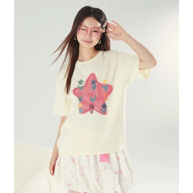 New Korean Sweet Star 3D Printed Short Sleeve T-shirt for Women's Summer Casual Versatile Quick Drying Top Trendy