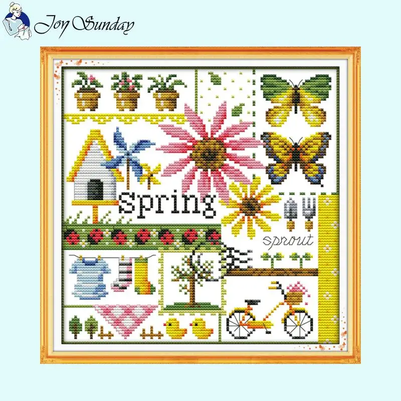 Joy Sunday Four Seasons Cartoon Series Pattern Cross Stitch Set Aida 14ct 16ct Needlework Embroidery DIY Kids Crafts Sewing Kit