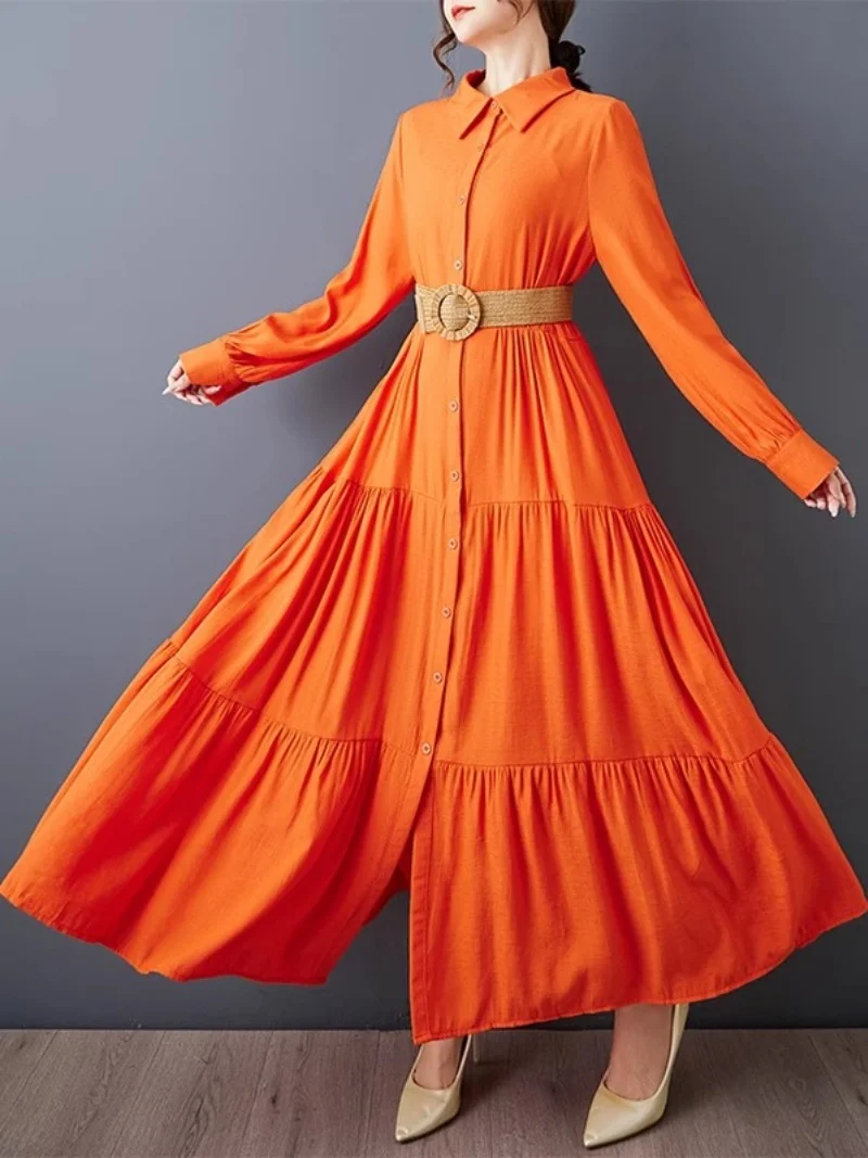 2025 herbst Lose Große Größe frauen Kleidung Einfarbig Plissee Spleißen Medium Lange Mode Lässig Temperament Kleid W840 ﻿