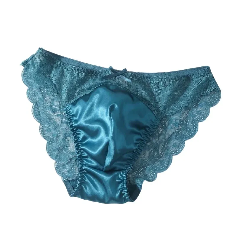 See Through Lace Satin Sexy Men's Underwear Bow Sissy Cross-dressing Panties Male Soft Breathable Convex Pouch Erotic Briefs