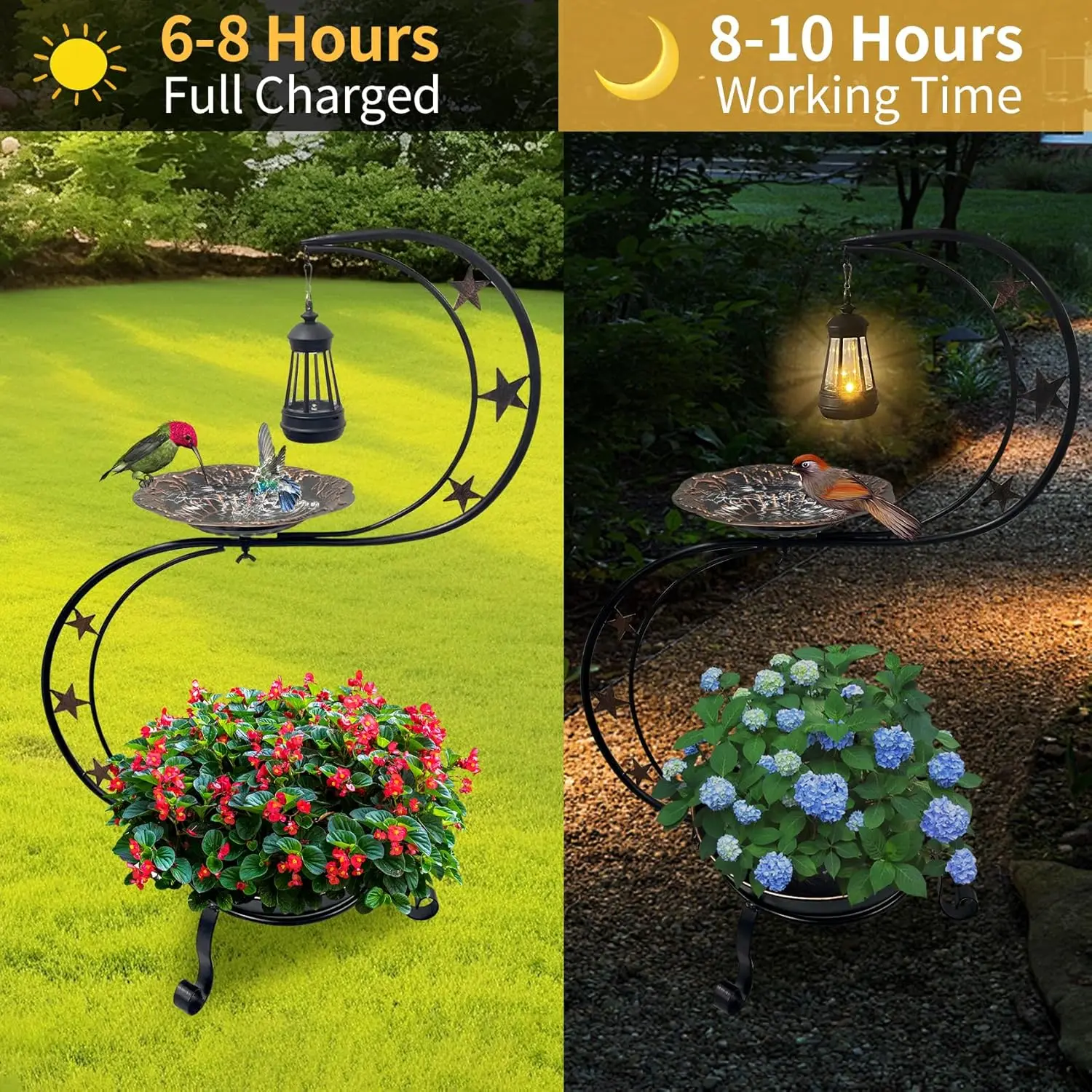 Solar-Powered Vintage Metal Bird Bath with Flower Planter for Garden Yard Decor