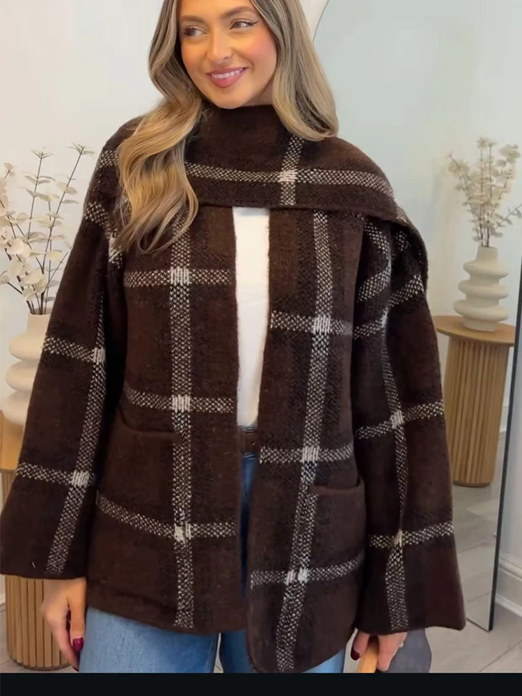 

TFMLN новые женские модные клетчатые вязаные кардиганы пальто осень-зима с длинным рукавом шарф воротник свитер теплый стильный трикотаж