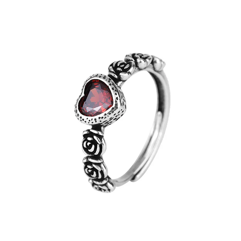 Anillos de plata de ley 925 para mujeres y hombres, Anillos ajustables Retro simples de moda con corazón rojo, regalos de fiesta, accesorios finos