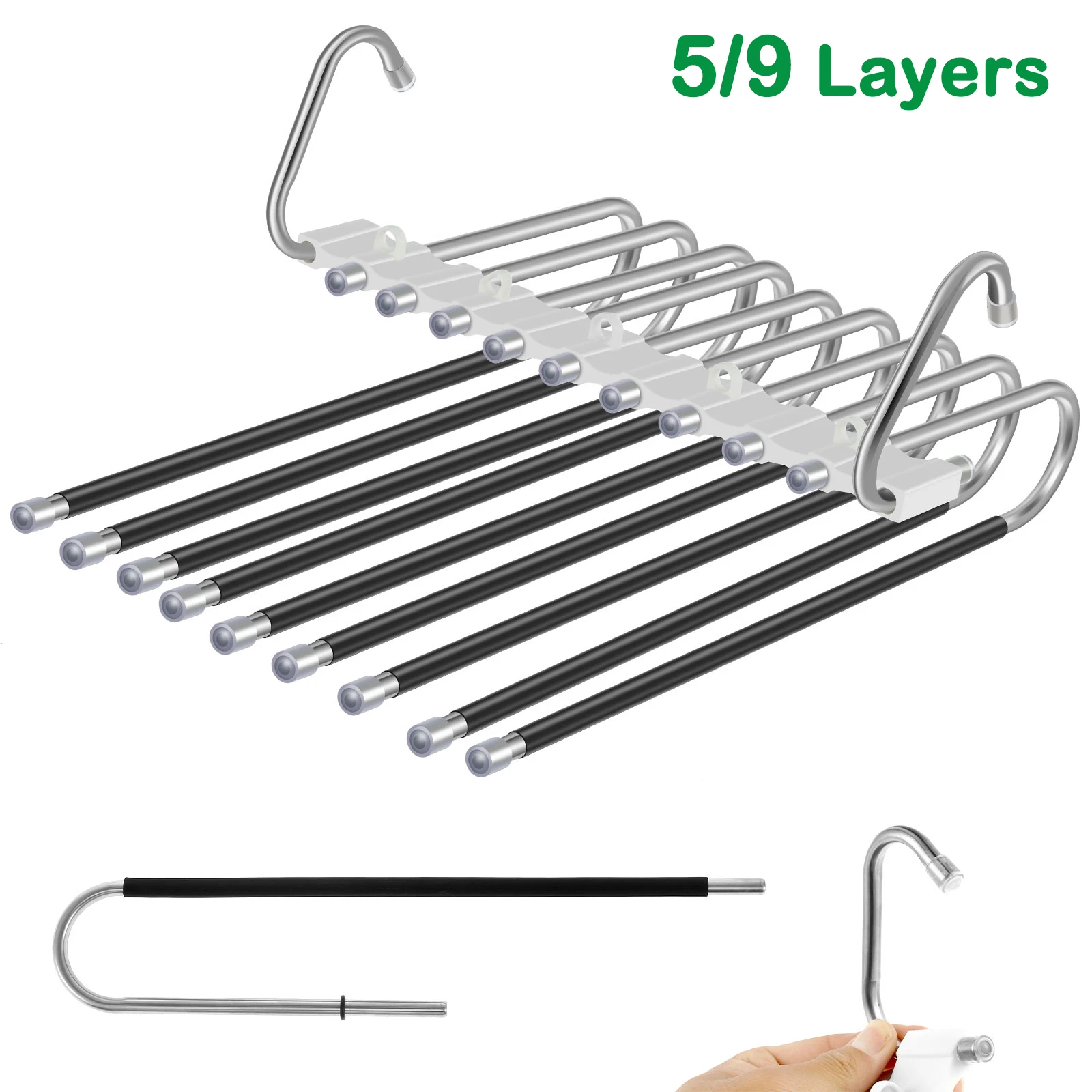 Retractable Trousers Rack Stainless Steel 9-Layers Multi-functional Folding Clothes Pants Hangers Space Saving Closet Organizer