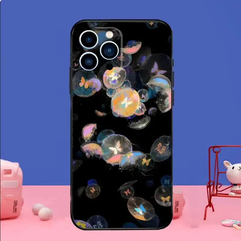 Cute Cartoon Jellyfishes Phone Case Phone Case For iPhone 14 13 12 11 Pro Max Xs Xr X 7 8 Plus 12 13 Mini Silicone Black Cover image 3