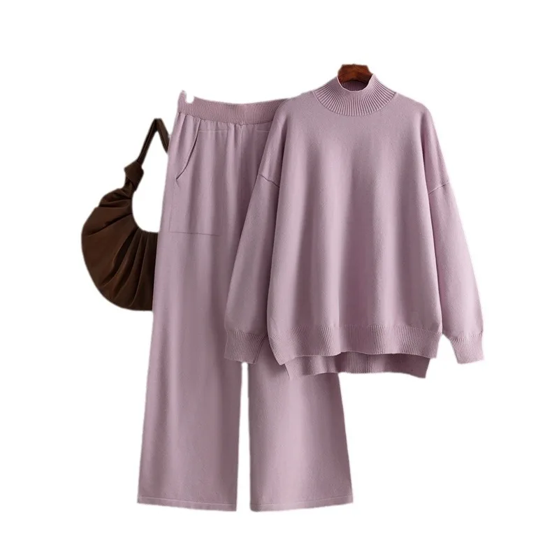 Moda Autunno Maglione Due Pezzi Vestito Delle Donne Allentato Caldo Solido Pullover Gamba Larga Pantaloni Lunghi 2025 Inverno Casual Set Lavorato A Maglia B839