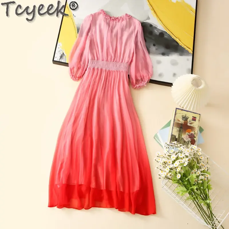 Tcyeek Elegant and Pretty Women's Dresses 100% Real Mulberry Silk Sweet Dress Lady Clothes Summer Long Beach Dress Vestido Mujer