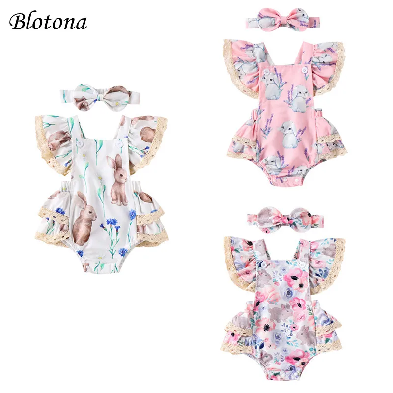 

Blotona Baby Girl Easter 2 Piece Outfits, Square Neck Fly Sleeve Bunny Print Romper + 3D Bow Headband Infant Toddler Set 0-18M