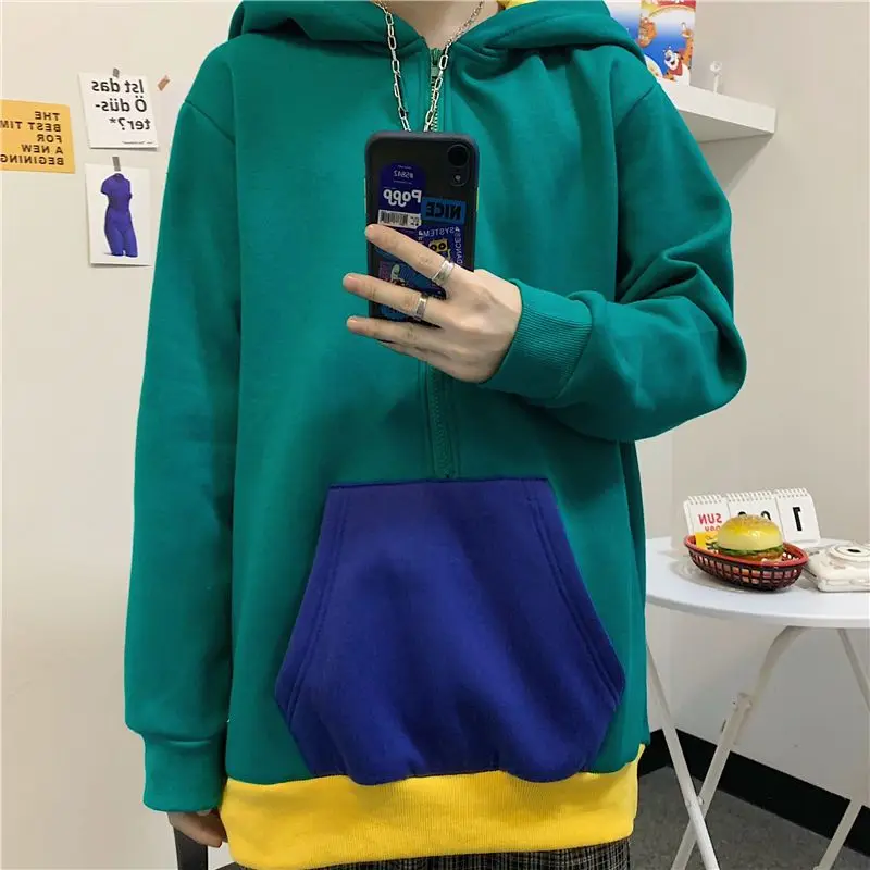 Korean-style frog hoodies y2k fried street hooded wild fighting half-zip plush pullover loose green coat kawaii clothes