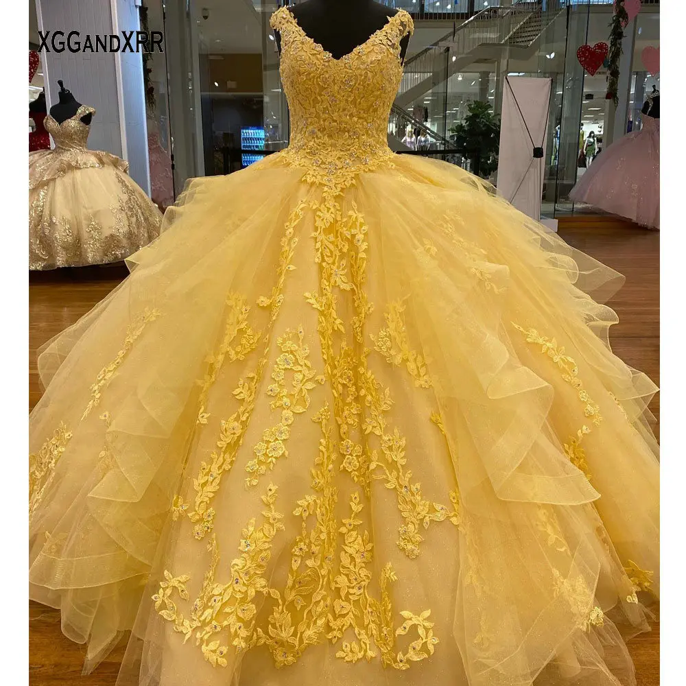 Vestidos de quinceañera amarillos, cuello en V, Espalda descubierta, Apliques de encaje con flores, vestido largo 15 16 dulce, cumpleaños, baile de graduación, 2023