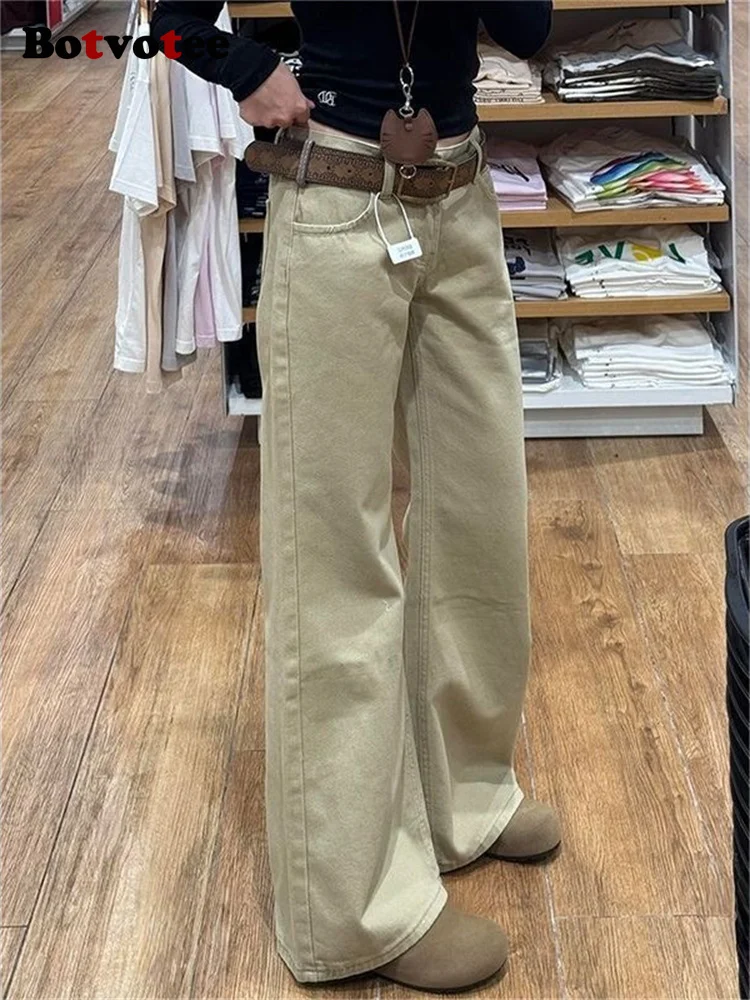 Botvotee خمر الكاكي Bootcut الجينز النساء - منخفضة الارتفاع متوهج الدينيم السراويل الأمريكية الرجعية فضفاضة تناسب واسعة الساق السراويل 90s Y2K