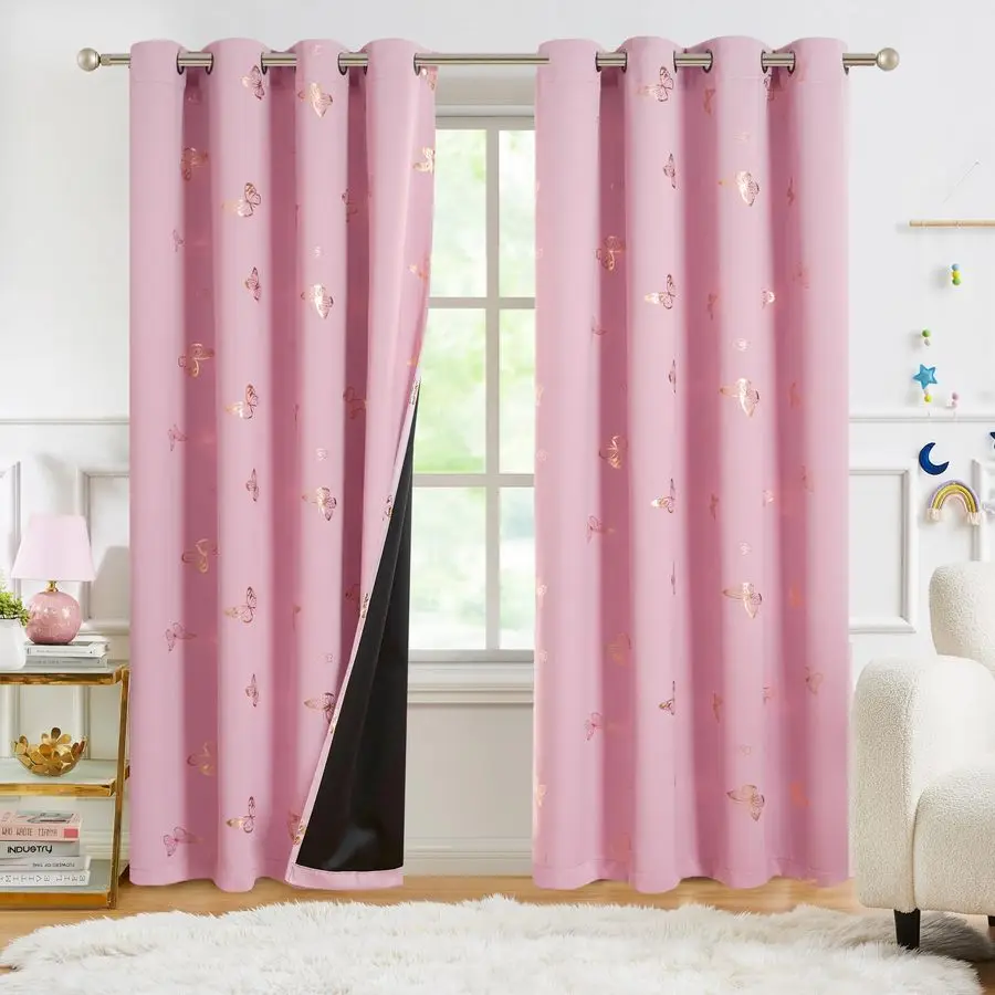 

Розовые золотистые шторы блэкаут с принтом бабочек, 213 см, для спальни, детской, с цветочным узором, с черной подкладкой