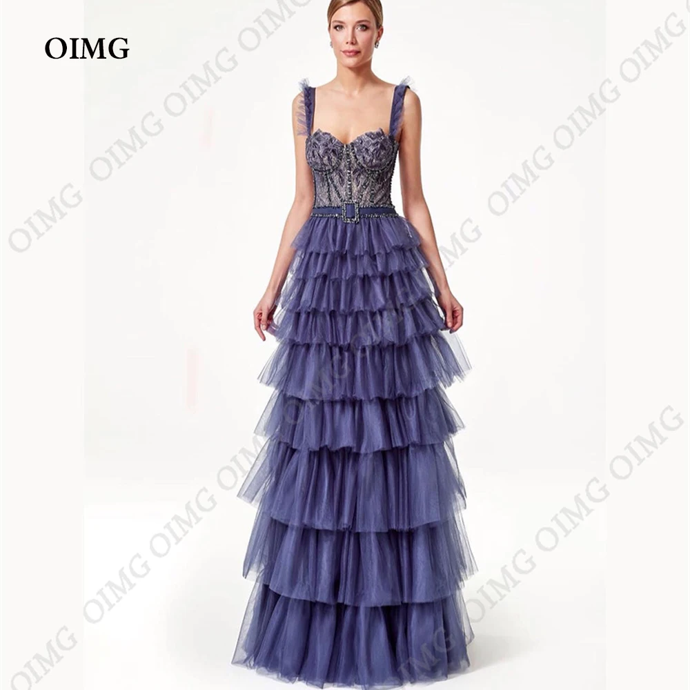 OIMG gaun pengantin Tulle mewah 2024 gaun panjang lantai kustom manis elegan berjenjang renda biru klasik Vestidos De Novia