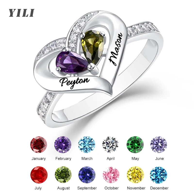

Personalized 2 Name Ring with Birthstones for Mother Silver Heart Ring Custom Name Promise Ring Jewelry Gifts for Grandma Mom