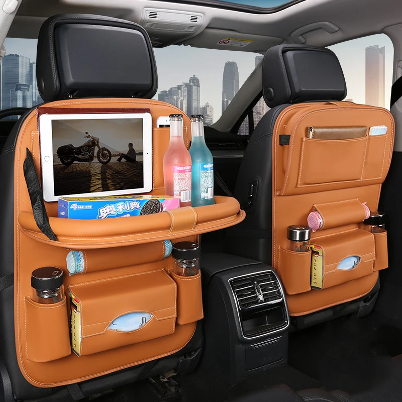 

Car Seat Back Organizer with Foldable Table Tray Multi-functional Storage Organizer Pockets Kick Mats Seat Interior Accessories