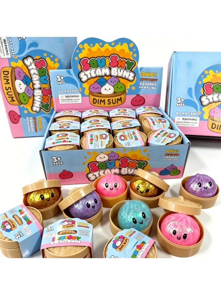 Glitzer-Dumpling-Squishy mit Box – Sensorischer Dampf-Dumpling aus weichem TPR-Teig für Dekompression, Fidget-Spielzeug, Stressabbau-Geschenk