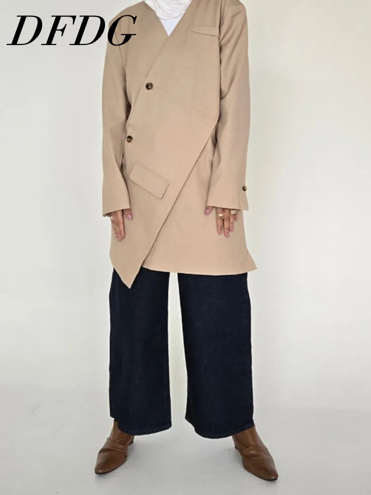

DFDG 2025 Outfit Women’s Avant-Garde Oversized Blazer Asymmetric Hem Diagonal Placket Casual Jacket Lightweight Spring Summer