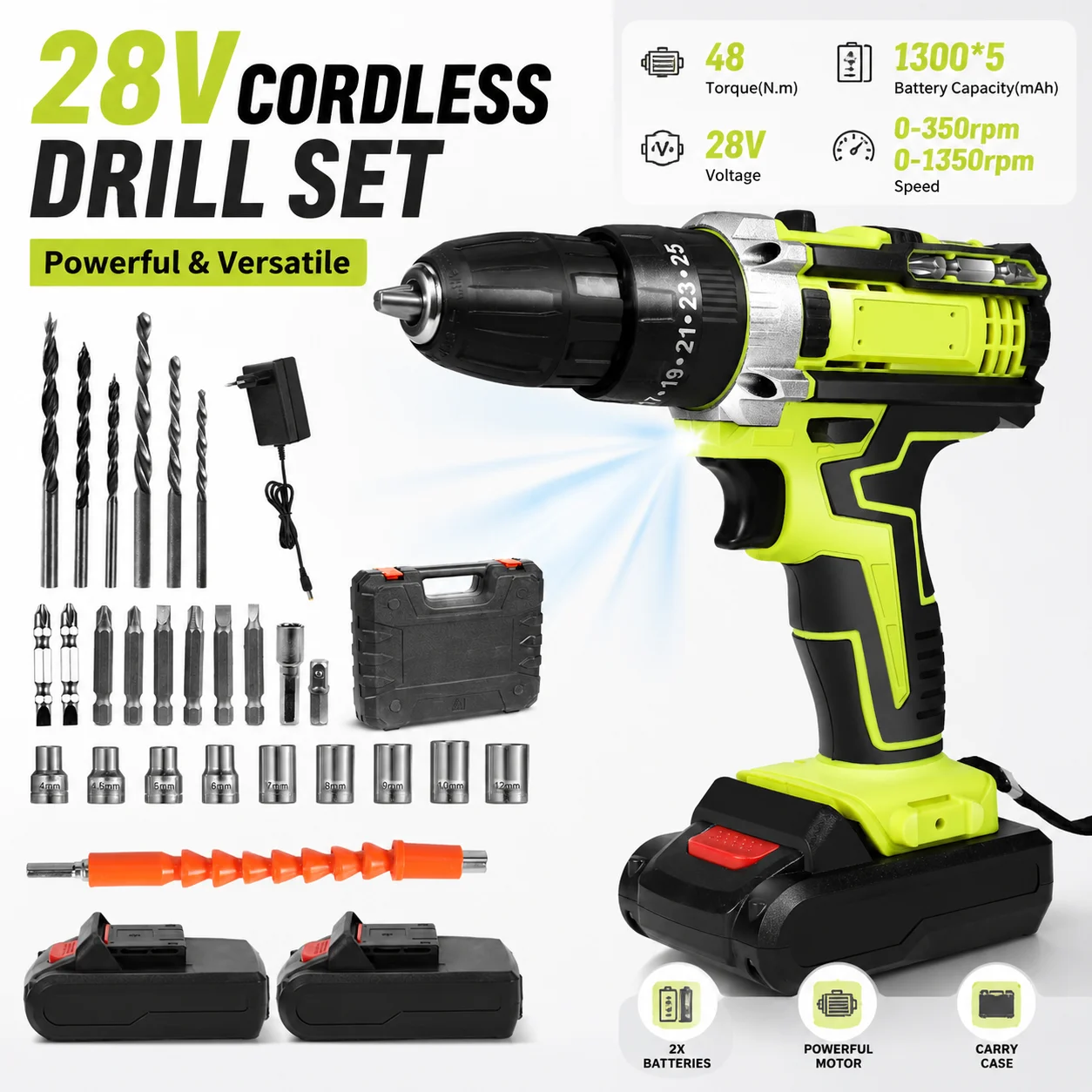 Taladro de impacto inalámbrico de alta potencia, recargable, con 1350 rpm, destornillador eléctrico de alta velocidad, herramientas de