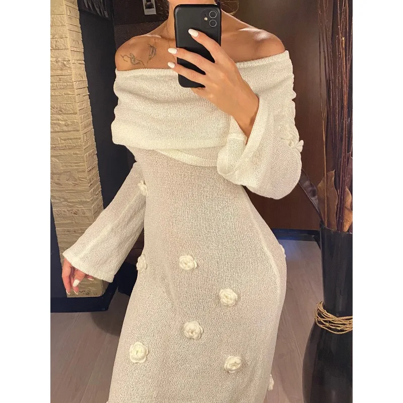 Mulheres fora do ombro de malha vestidos longos elegante flores decoração magro vestido de praia verão moda chique férias bikini cobrir