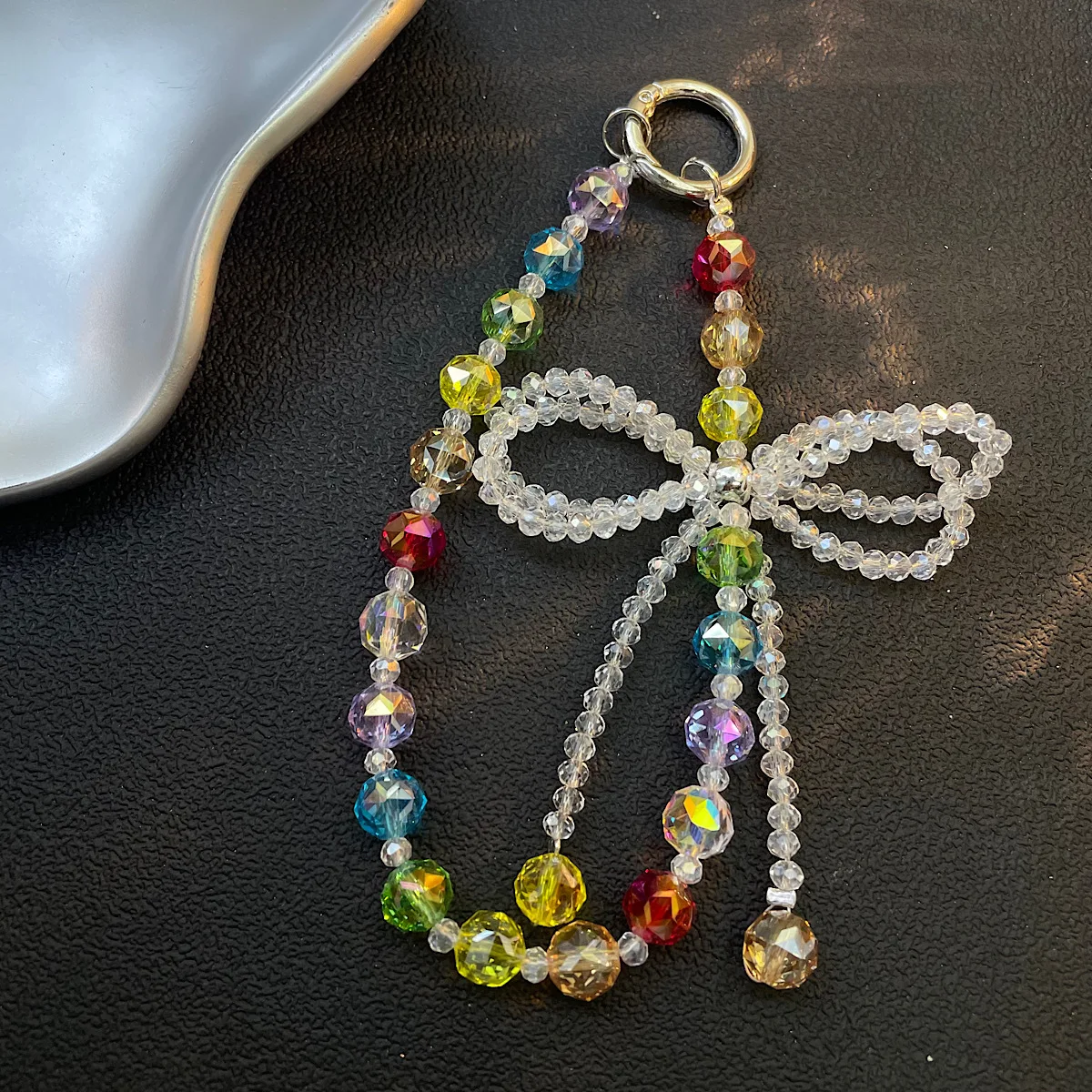 

Корейская версия, цепочка для телефона, бант, цвет кристаллов, сумка-цепочка для телефона, подвесной брелок ручной работы из бисера, Радужный кулон, блестящий