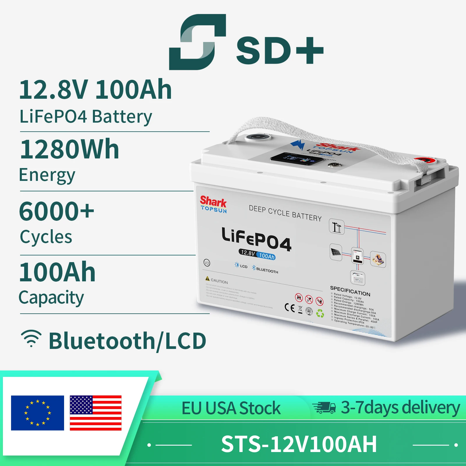 SANDISOLAR 12V 100AH 200Ah LiFePO4 Battery 2560Wh Deep Cycle Lithium Battery 100A BMS 6000+ Cycles for Solar System RV Marine