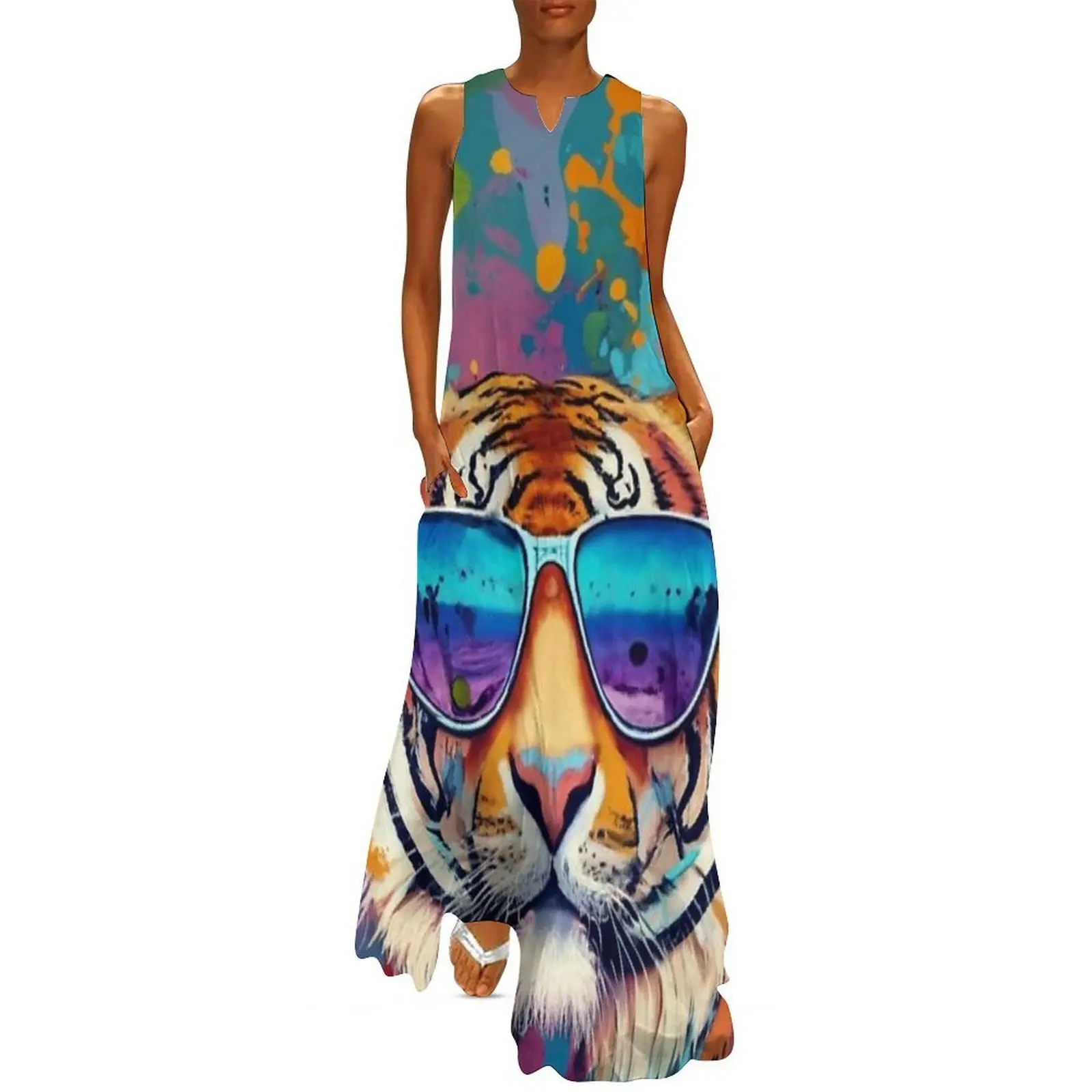 

Multicolored painted beach tiger with sunglasses Long Dress wedding dresses for parties Dress for girls dress women summer