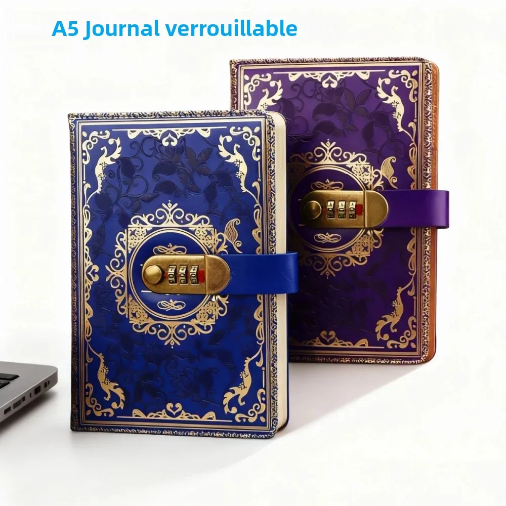 Journal intime vintage A5 avec serrure et mot de passe, 200 pages, carnet épais en cuir PU antique, livre secret à serrure pour l'école et usage personnel
