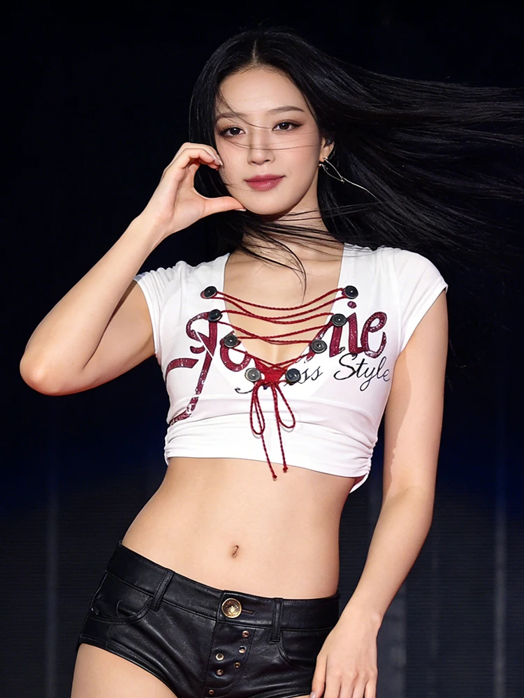 Weird Puss Button Cross Bandage t-Shirt Women Letter Print Music Festival Summer Fashion Sexy Midnight Hottie Street Skinny Tops