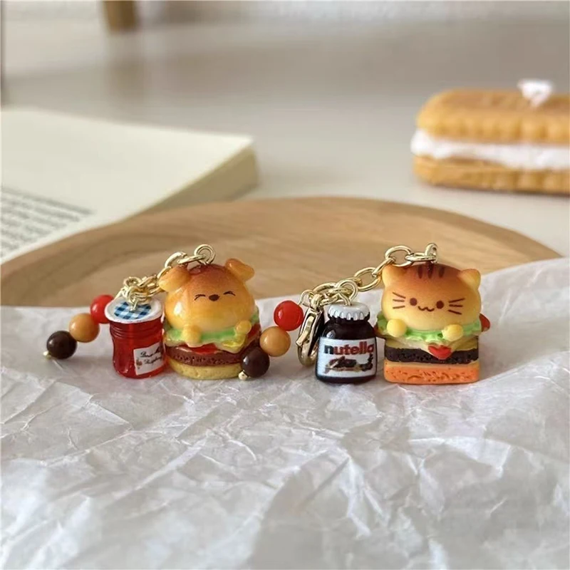 Kawaii Cartoon Hamburger Cats Dogs Keychain Pendant Cute Car Keyring Charms Backpack Decoration Accessories Birthday Gifts