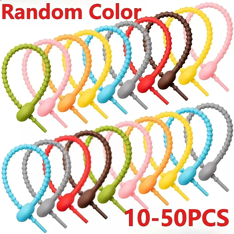 

10-50PCS Candy Colors Silicone Tie Tadpole Shape with Buckle Cable Tie Bread Bag Data Cable Earphone Charge Cable Line Organizer