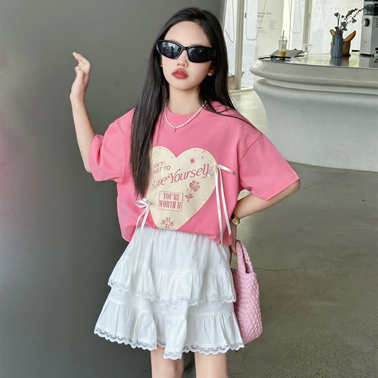 

Summer Girls Outfit Set Bow Print Short Sleeve T-Shirt Lace Tiered Skirt 2-Piece Casual Daily Teen Kids Clothing
