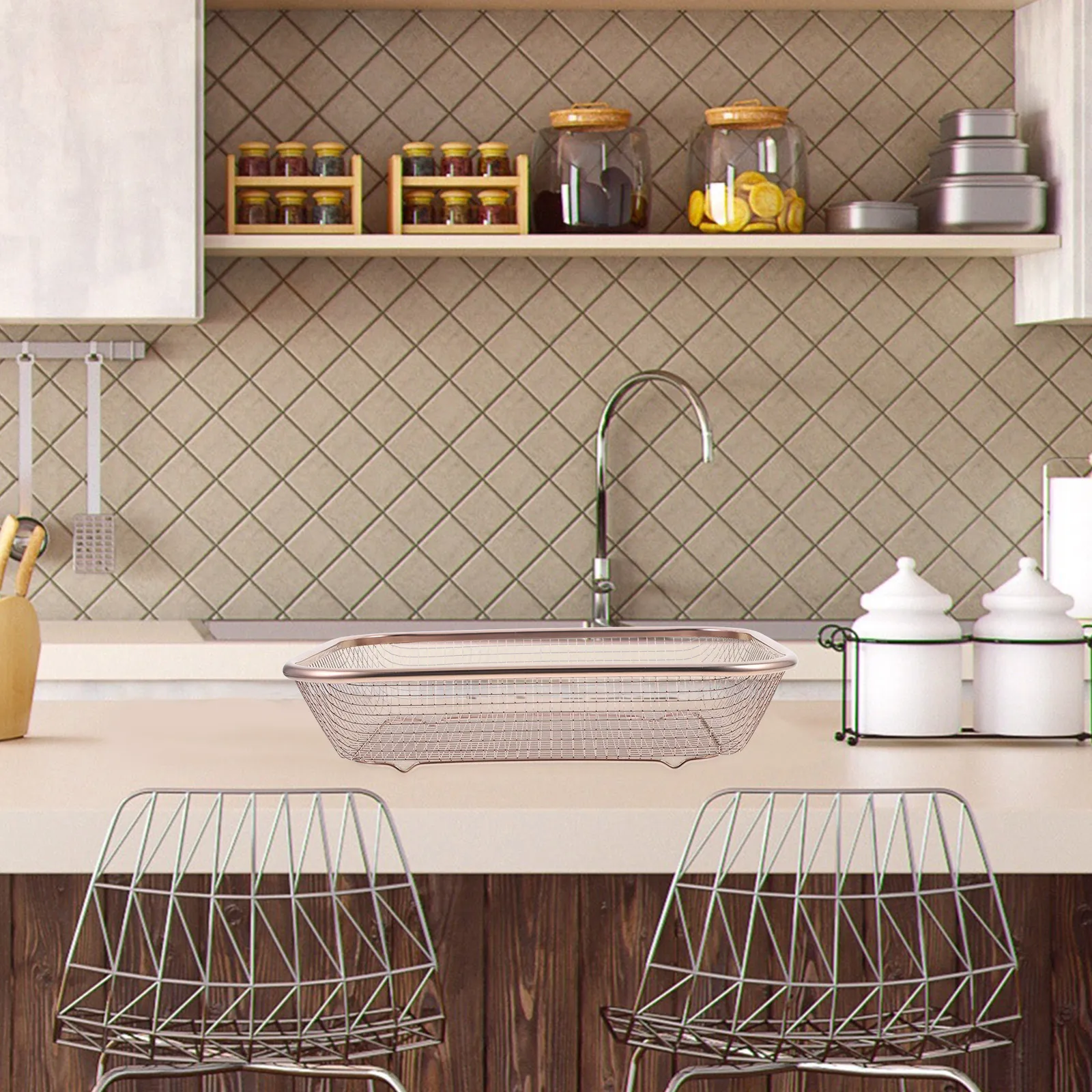 

1pc Stainless Steel Strainer Basket Kitchen Sink Drain Organizer Vegetable Fruit Washing Drying Rack Metal Colander Portable