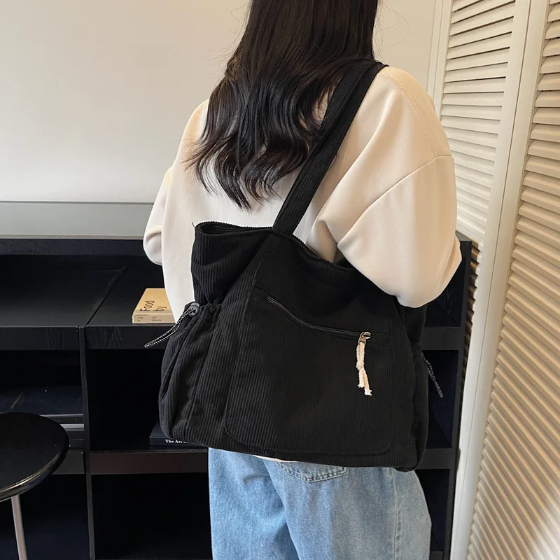 

New Korean Style Corduroy Tote Bag for Women Large Capacity Minimalist Solid Color Shoulder Bag Casual Fashion Handbag