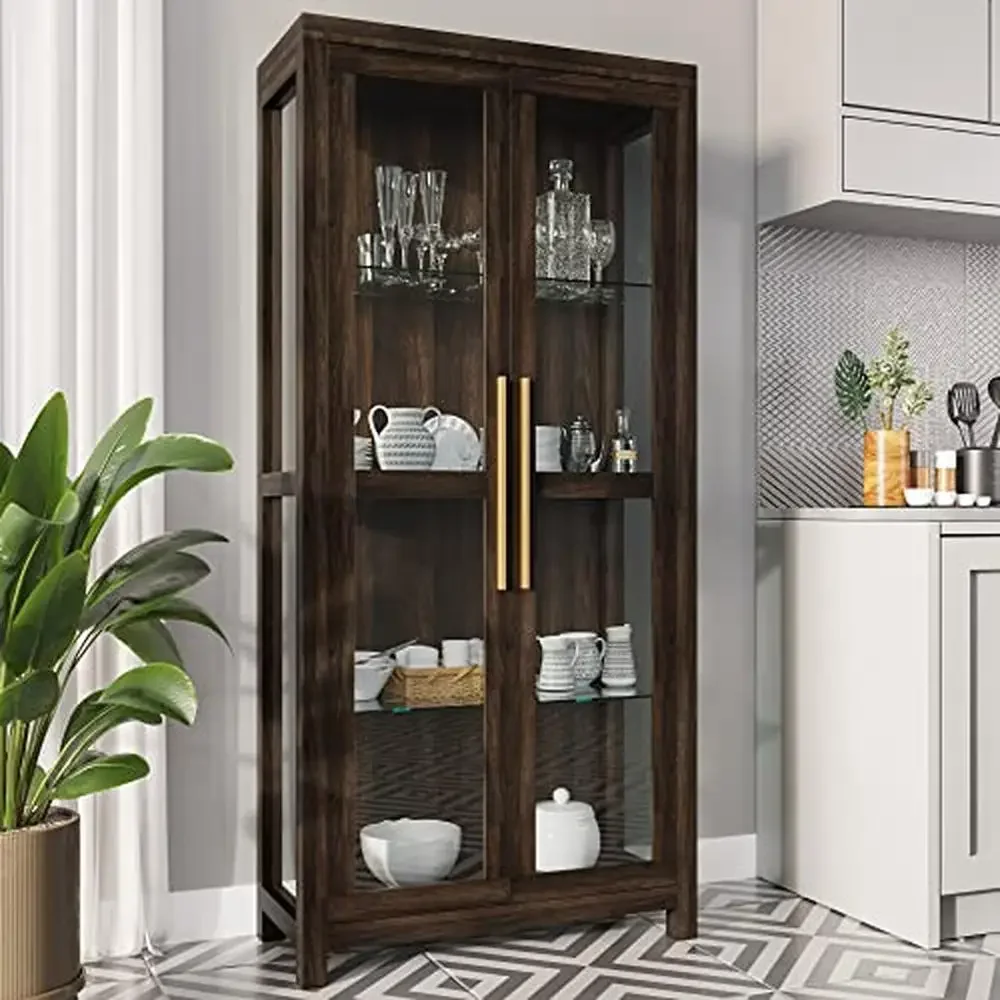 Tall Display Cabinet Glass Doors Adjustable Shelves Trophy Bookshelf Media Storage Dark Walnut Wood Cabinet Panoramic View