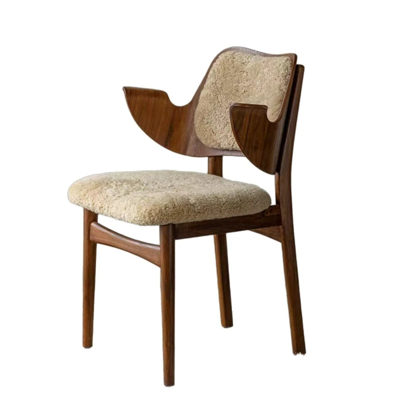 

French retro medieval style creative lamb wool ash wood solid wood dining chair wabi sabi desk chair