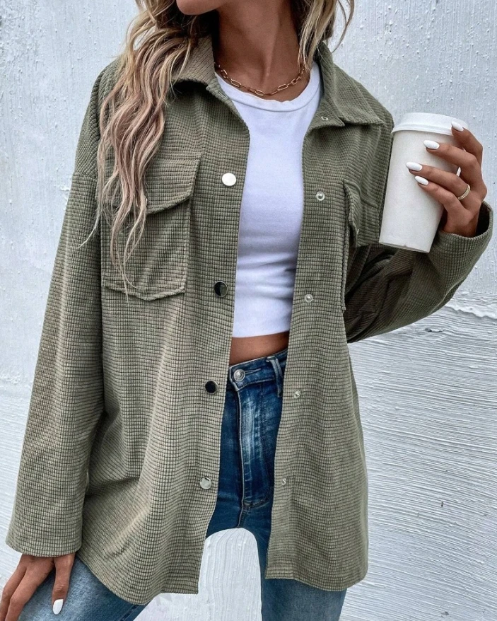 Women's Jackets 2024 Autumn Fashion Long Sleeve Button Down Pocket Design Casual Turn-Down Collar Plain Daily Shacket