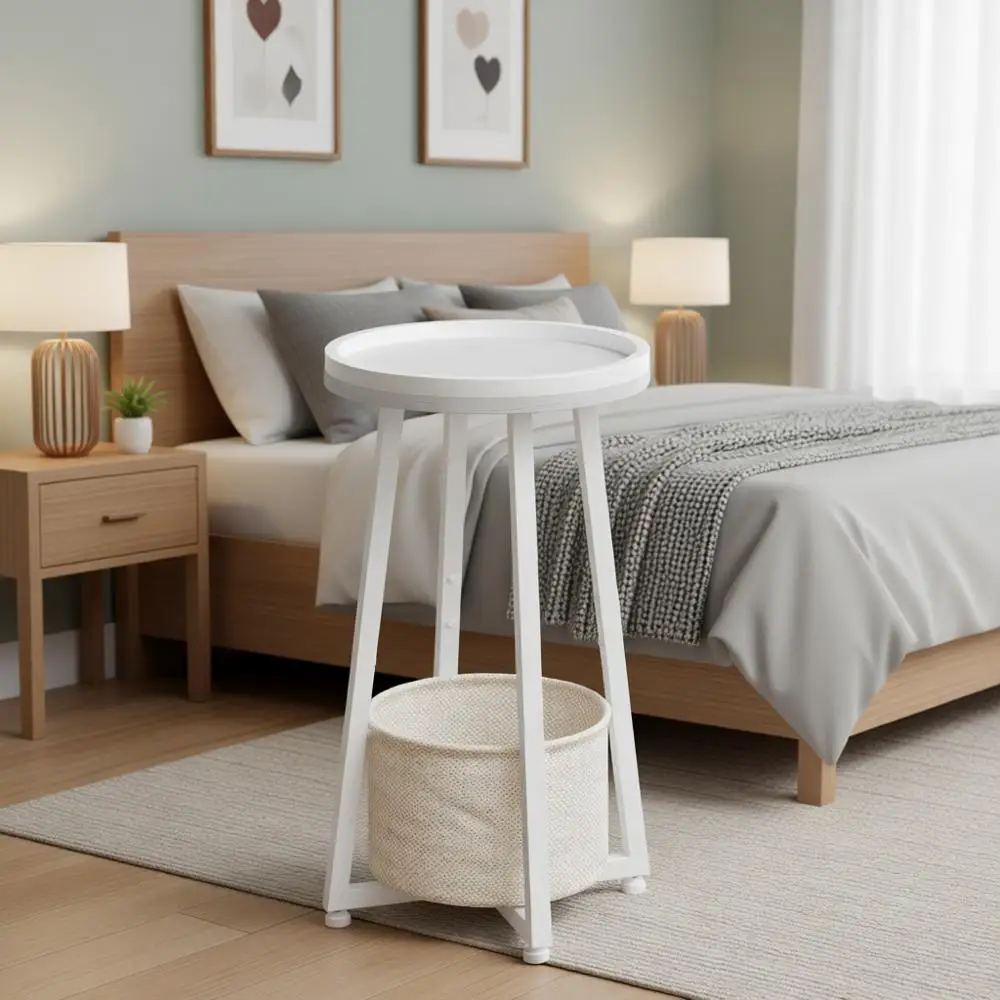 

Small Round Side Table, 2-Tier Round Sofa End Table, Compact Nightstand with Fabric Storage Basket, Suitable for Small Spaces, L