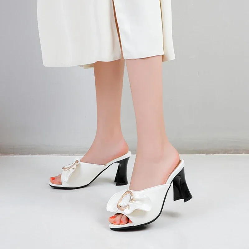 Women Sandals High Heels Fashion Patent Leather Bow Summer Flip-flops Outdoor Slippers Shoes Super Big Size 30-50 T121