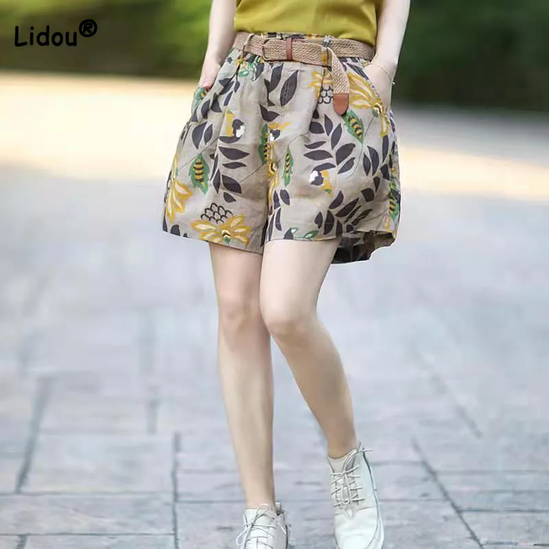 

Loose Vintage Women's High Waist Pockets Printed Shorts Summer Simplicity Casual Belt Wide Leg Shorts Fashion Female Clothing