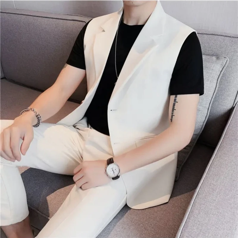 Summer Suit High-end and Fashionable Solid Color Sleeveless Vest Trendy Tops Handsome and Versatile New Jacket Trendy Men
