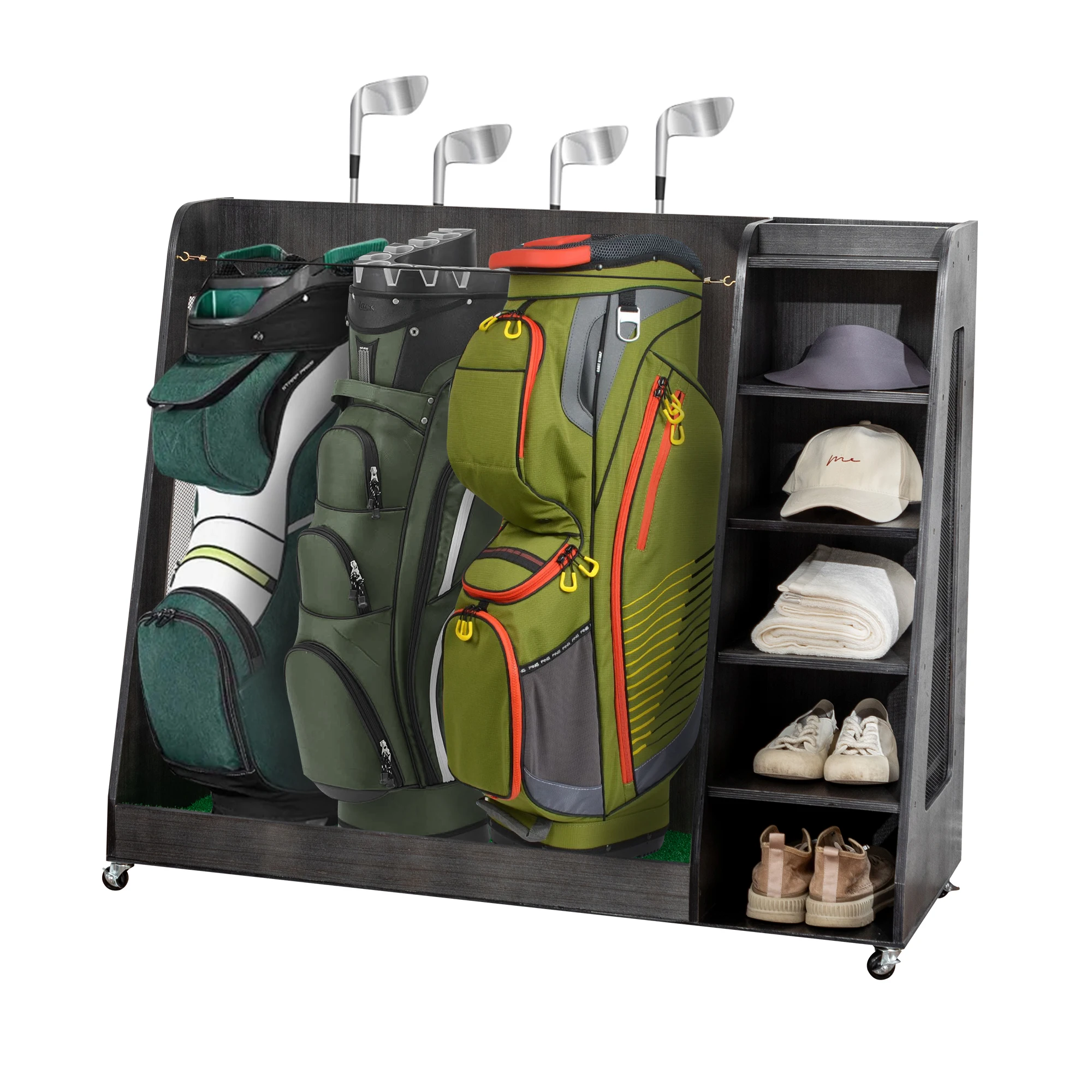 

Gray Wooden Golf Bag Storage Rack with 3 Drawers, Holds 2 Stand Bags & 14+ Clubs, Organizer for Golf Balls, Shoes & Accessories, Heavy Duty for Garage, Indoor Outdoor Use, Easy Assembly